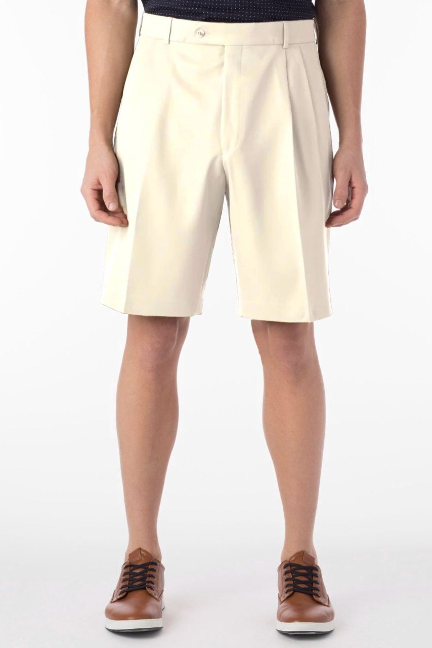 Micro Nano Travel Twill Performance Gabardine Pleated Shorts in Oyster by Ballin