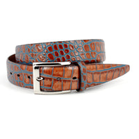 Bi-Color Crocodile Embossed Calfskin Belt in Tan and Blue by Torino Leather