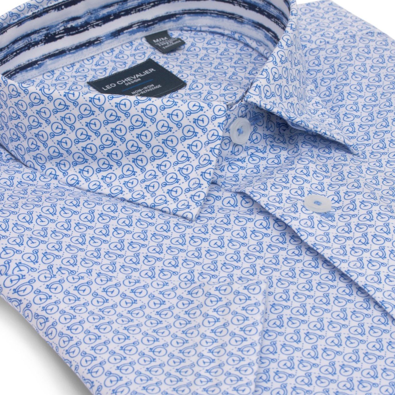 Blue Penny Farthing Print Short Sleeve No-Iron Cotton Sport Shirt with Hidden Button Down Collar by Leo Chevalier