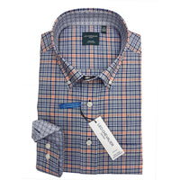 Grey, Navy, and Orange Plaid No-Iron Cotton Sport Shirt with Button Down Collar by Leo Chevalier