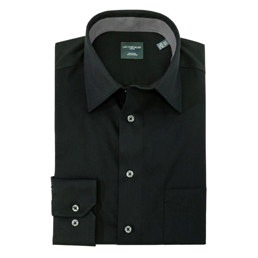 No-Iron Cotton Dress Shirt with Spread Collar in Black (Regular Fit) by Leo Chevalier