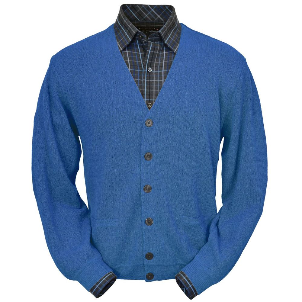 Baby Alpaca 'Links Stitch' V-Neck Cardigan Sweater in Royal Blue by Peru Unlimited