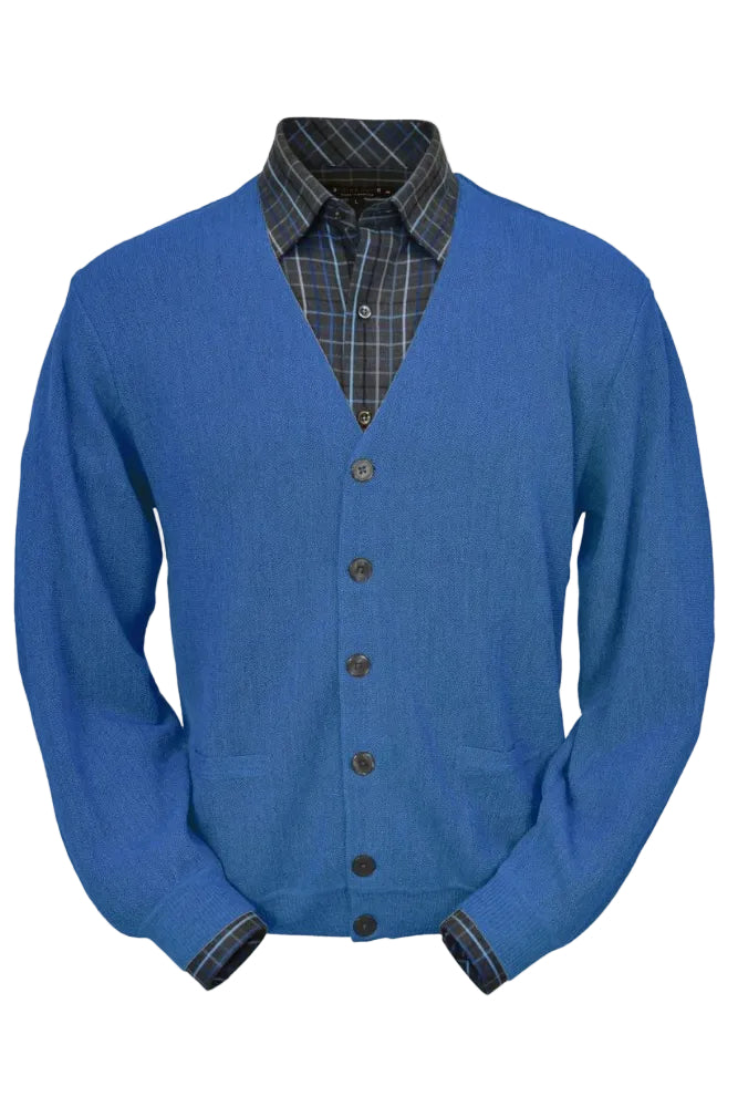 Baby Alpaca 'Links Stitch' V-Neck Cardigan Sweater in Royal Blue by Peru Unlimited