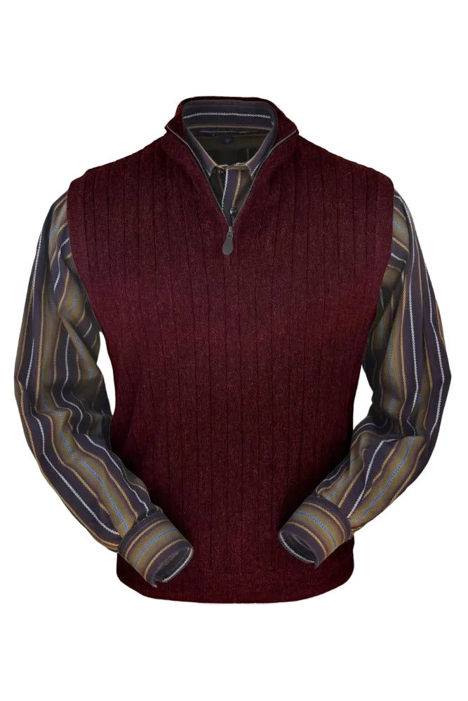 Baby Alpaca 'Links Stitch' Ribbed Zip-Neck Sweater Vest in Wine Heather by Peru Unlimited