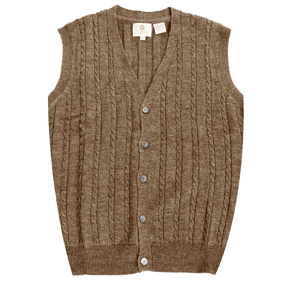 Extra Fine 'Zegna Baruffa' Merino Wool Button-Front Cable Knit Sleeveless Sweater Vest in Mushroom by Viyella