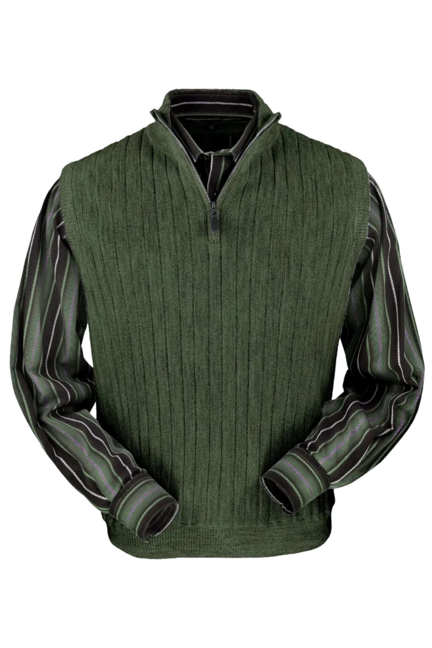 Baby Alpaca 'Links Stitch' Ribbed Zip-Neck Sweater Vest in Light Olive Heather by Peru Unlimited