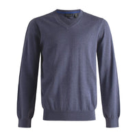 Cotton and Silk Blend Elbow Patch V-Neck Sweater in Steel Blue by Viyella