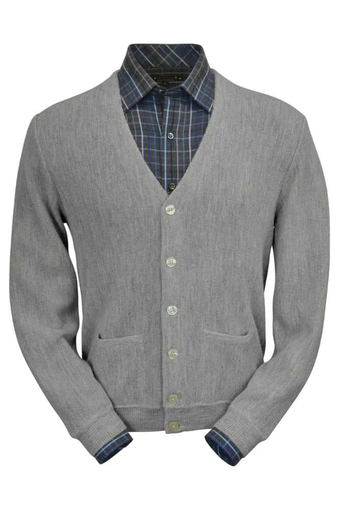 Baby Alpaca 'Links Stitch' V-Neck Cardigan Sweater in Silver Grey Heather by Peru Unlimited