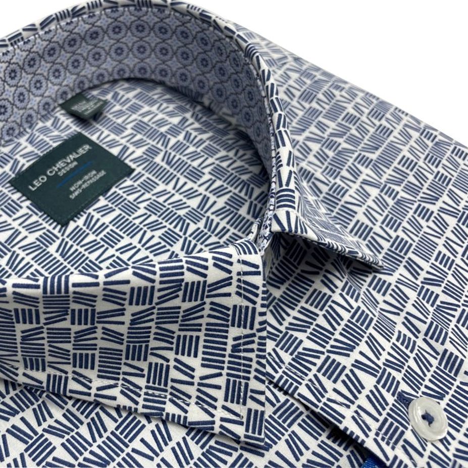 Blue Print No-Iron Cotton Sport Shirt with Hidden Button Down Collar by Leo Chevalier