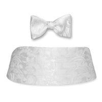 White Tonal Oversize Paisley Silk Jacquard Cummerbund and Bow Tie Set by Dion