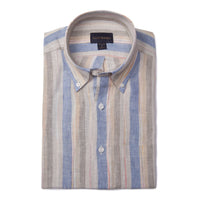 Linen Multi Stripe Long Sleeve Shirt with Button Down Collar in Blue and Khaki by Scott Barber