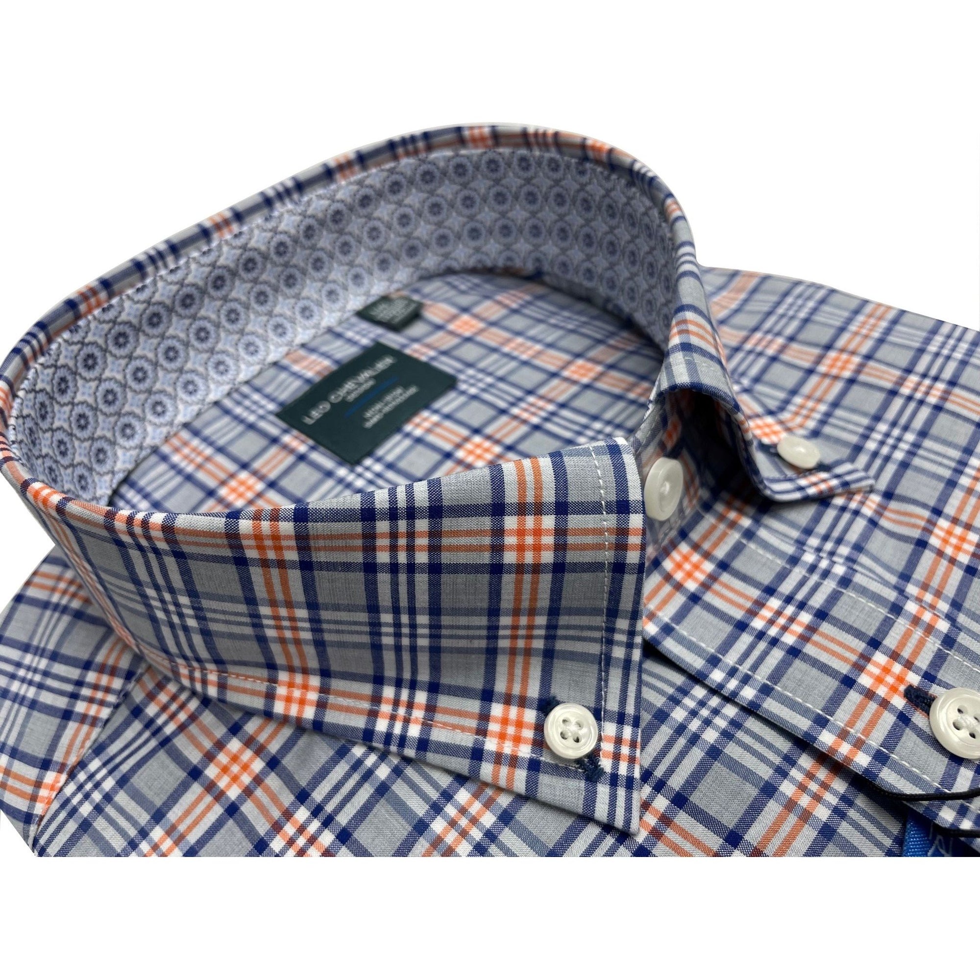 Grey, Navy, and Orange Plaid No-Iron Cotton Sport Shirt with Button Do
