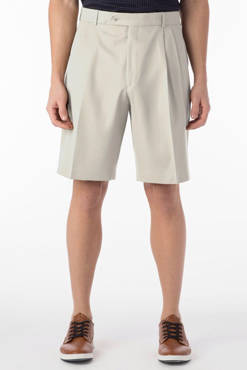 Micro Nano Travel Twill Performance Gabardine Pleated Shorts in Cream by Ballin