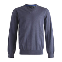 Cotton and Silk Blend Elbow Patch V-Neck Sweater in Steel Blue (Size Small Only) by Viyella