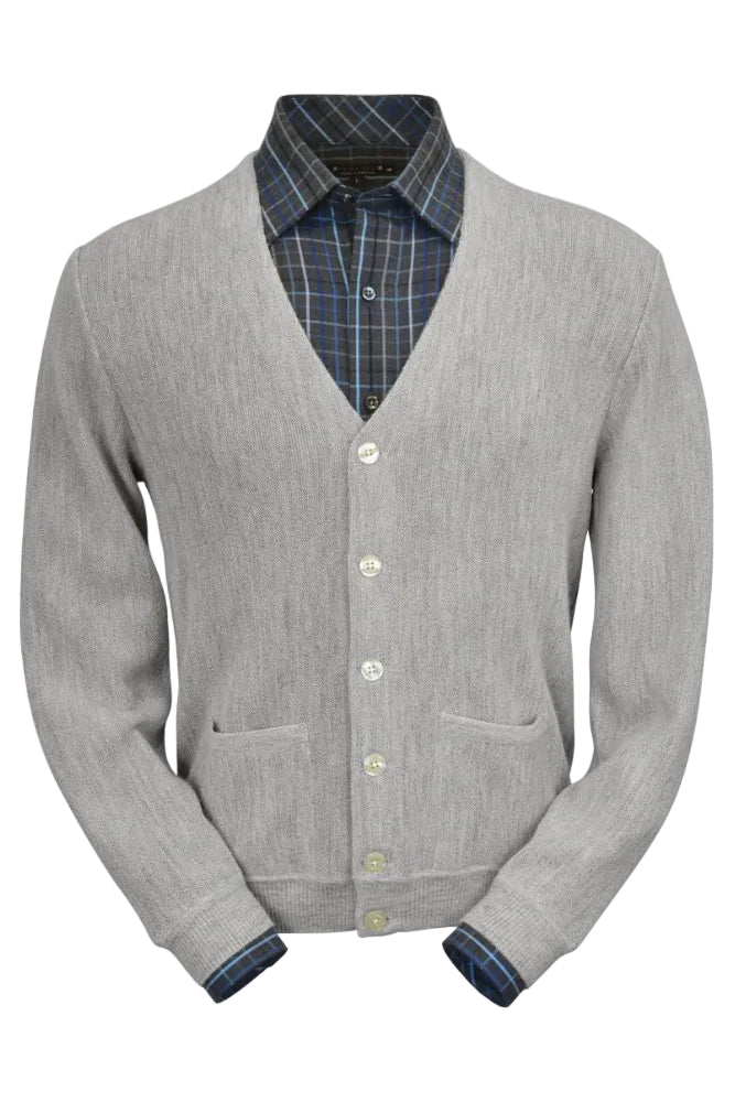 Baby Alpaca 'Links Stitch' V-Neck Cardigan Sweater in Light Grey Heather by Peru Unlimited
