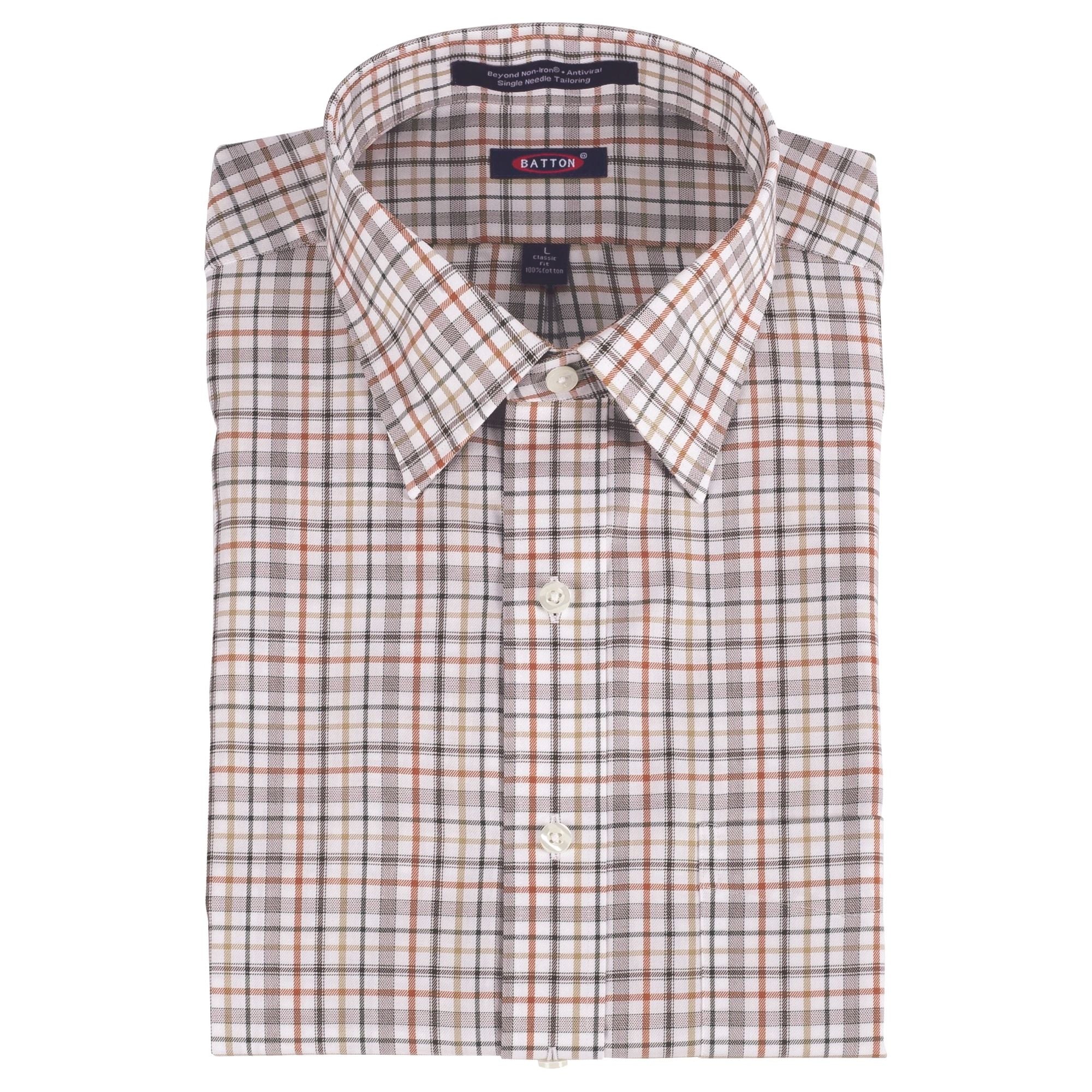 'Walter' Brown, Rust, and Tan Plaid Long Sleeve Beyond Non-Iron® Cotton Twill Sport Shirt by Batton