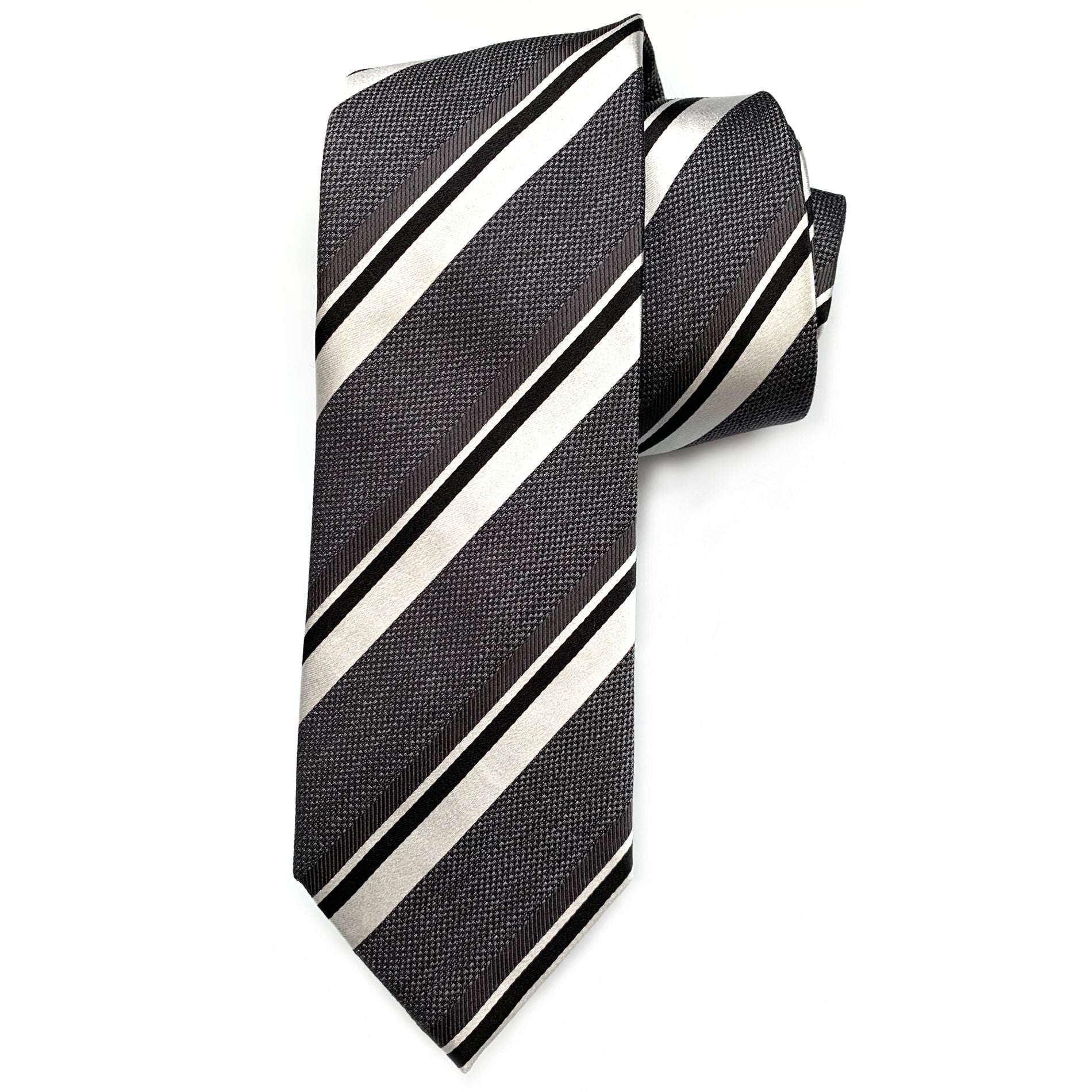Charcoal and Silver Multi-Textured Stripe Woven Silk Tie by Bruno Marchesi
