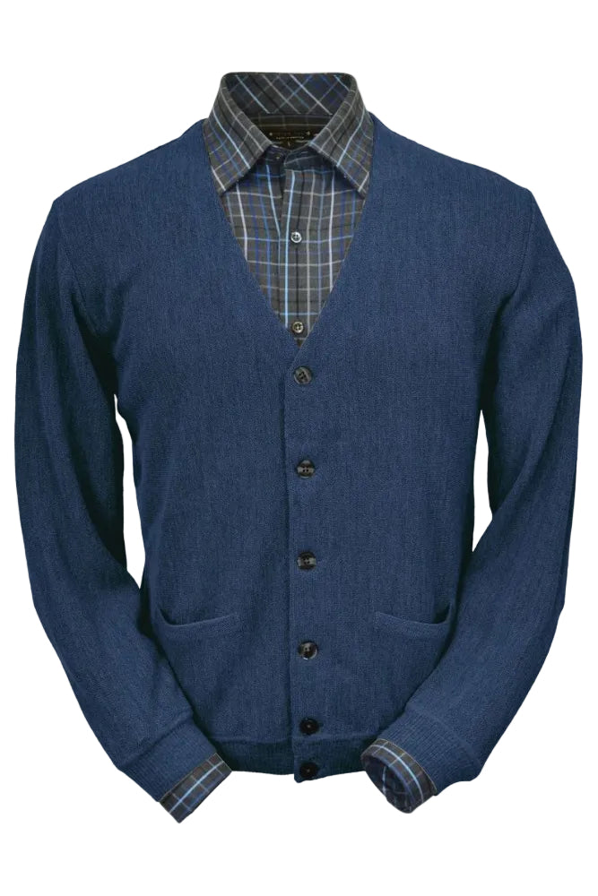 Baby Alpaca 'Links Stitch' V-Neck Cardigan Sweater in Denim Heather by Peru Unlimited