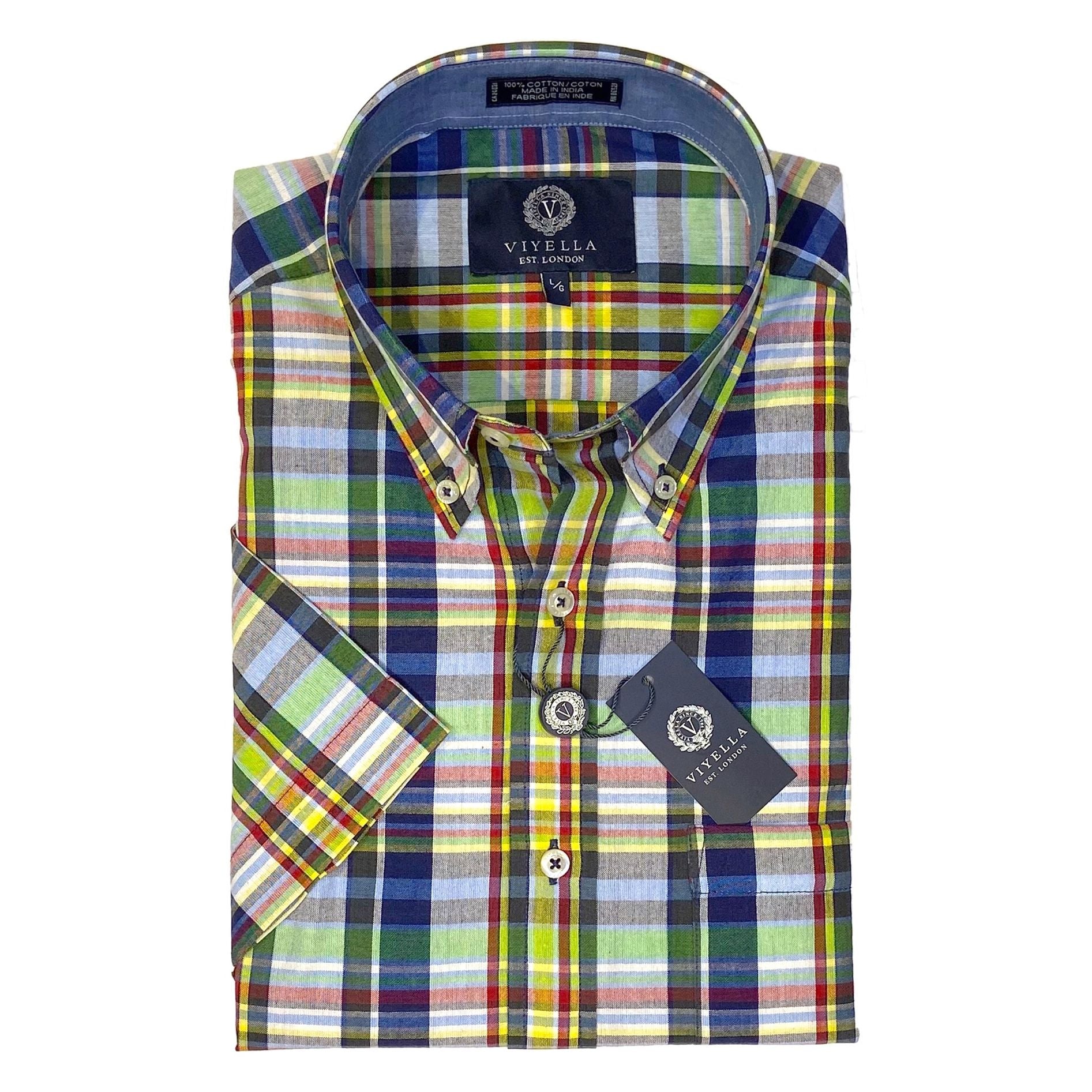 Cotton Madras Short Sleeve Cotton Sport Shirt in Yellow, Navy, and Green Multi Plaid by Viyella
