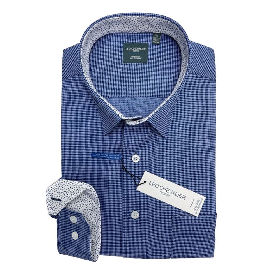 Blue Dobby No-Iron Cotton Sport Shirt with Hidden Button Down Collar by Leo Chevalier