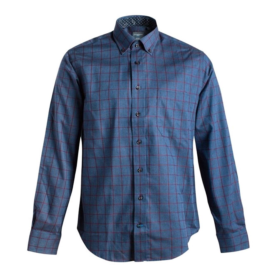 Blue and Red Herringbone Check No-Iron Cotton Sport Shirt with Button Down Collar by Leo Chevalier