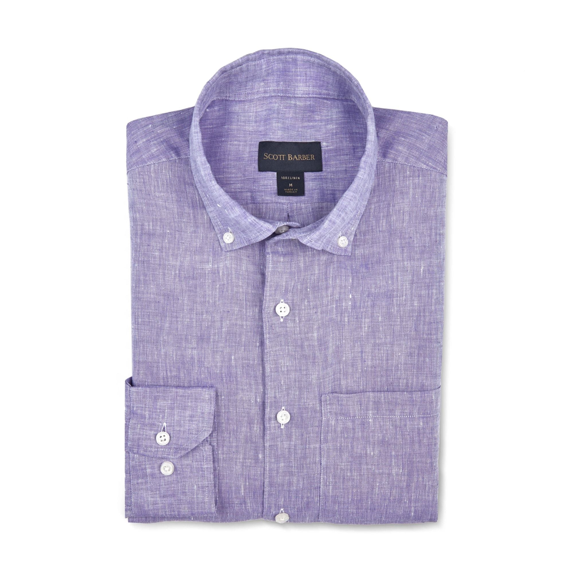 Solid Linen Long Sleeve Shirt with Button Down Collar in Lilac by Scott Barber