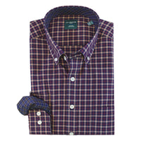 Purple, Gold, and Latte Plaid No-Iron Cotton Sport Shirt with Button Down Collar by Leo Chevalier