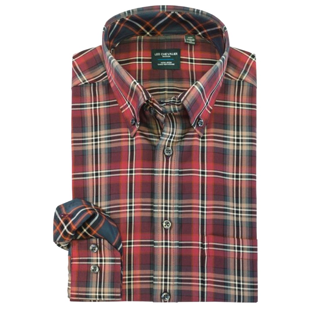 Red Plaid No-Iron Cotton Sport Shirt with Button Down Collar by Leo Chevalier