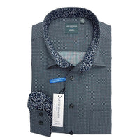 Navy and Green Neat Print No-Iron Cotton Sport Shirt with Hidden Button Down Collar by Leo Chevalier