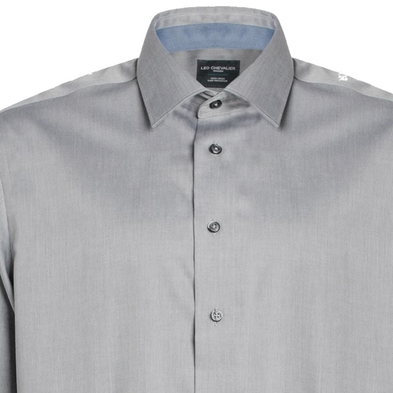 No-Iron Cotton Dress Shirt with Spread Collar in Grey (Regular Fit) by Leo Chevalier