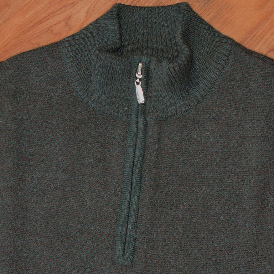 Royal Alpaca Diagonal Jacquard Half-Zip Lightweight Sweater in Hunter Green and Chocolate Heather by Peru Unlimited