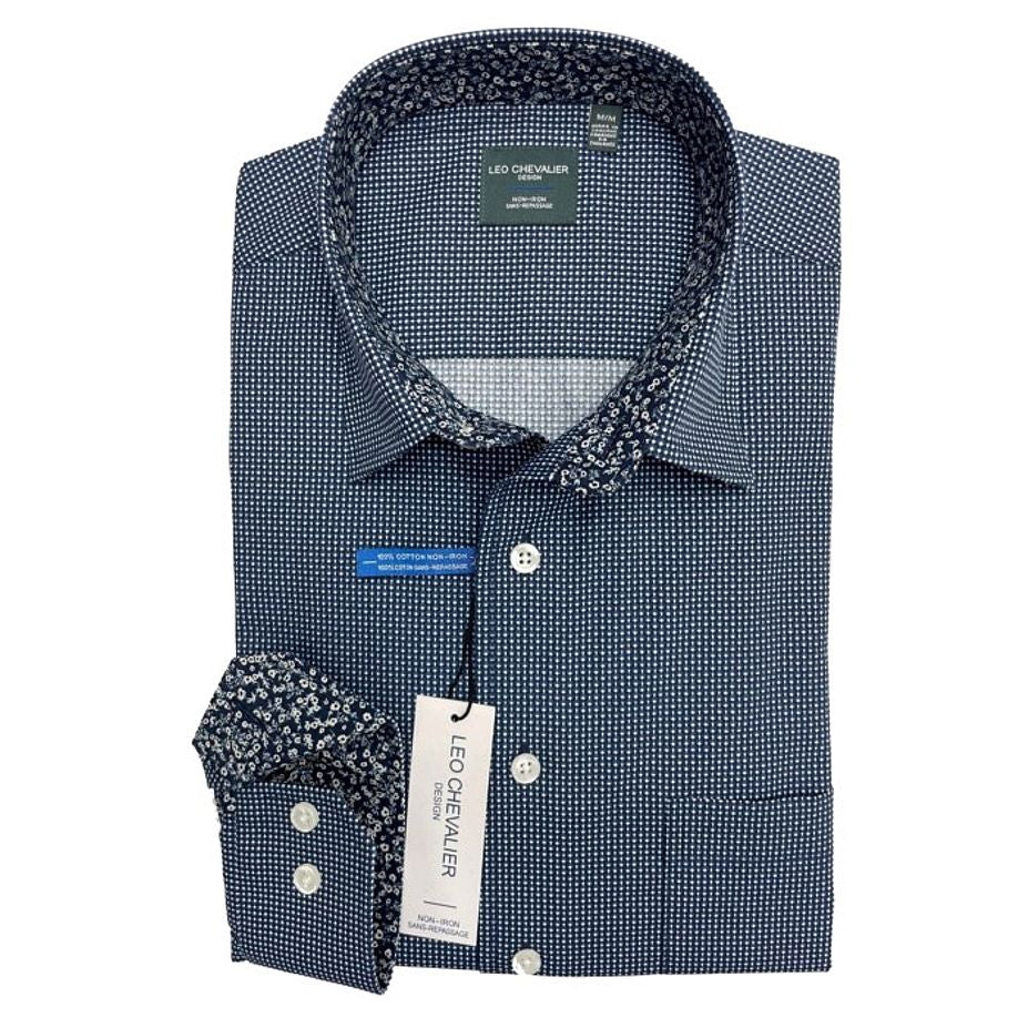 Blue and Black Neat Print No-Iron Cotton Sport Shirt with Hidden Button Down Collar by Leo Chevalier
