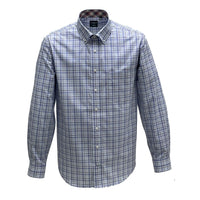 Multi Blue and White Plaid No-Iron Cotton Sport Shirt with Button Down Collar by Leo Chevalier