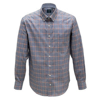 Grey, Navy, and Orange Plaid No-Iron Cotton Sport Shirt with Button Down Collar by Leo Chevalier