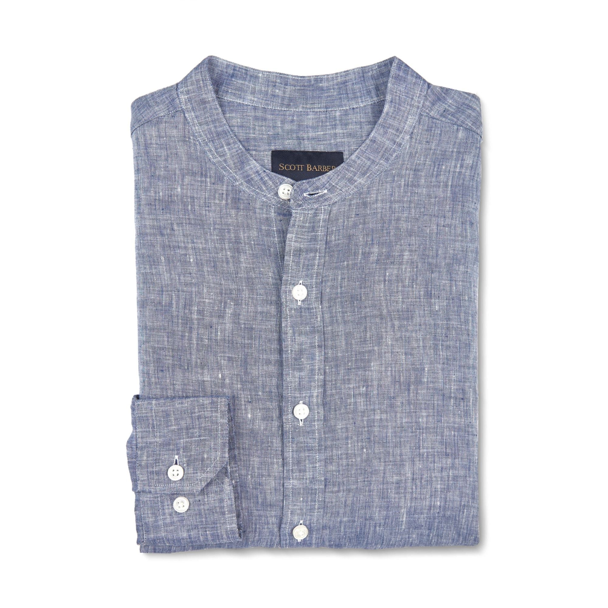 Solid Linen Long Sleeve Shirt with Banded Collar in Navy by Scott Barber