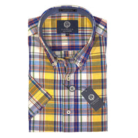 Cotton Madras Short Sleeve Cotton Sport Shirt in Lava and Navy Plaid by Viyella