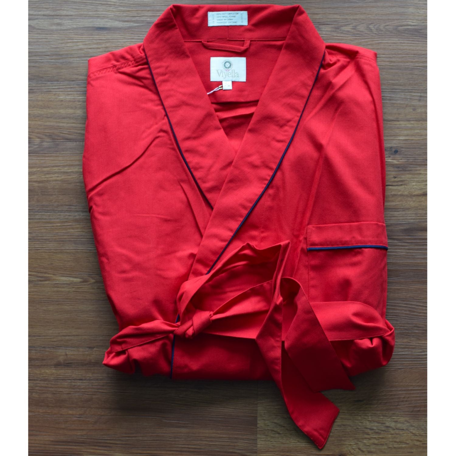 Gentleman's Cotton and Wool Blend Robe in Solid Red with Navy Piping b