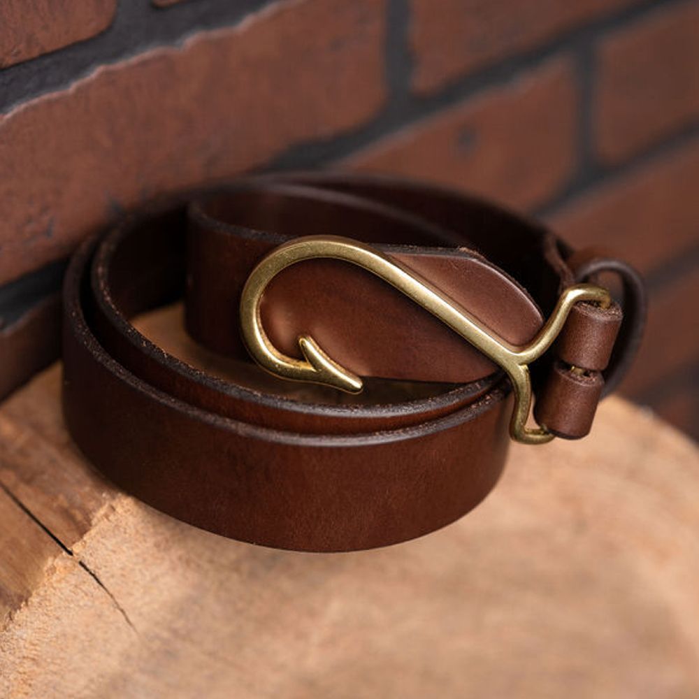 Hickory Brown Fish Hook Buckle Bridle Leather Belt by Hooks Crafted Le