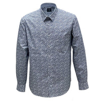 Blue Print No-Iron Cotton Sport Shirt with Hidden Button Down Collar by Leo Chevalier