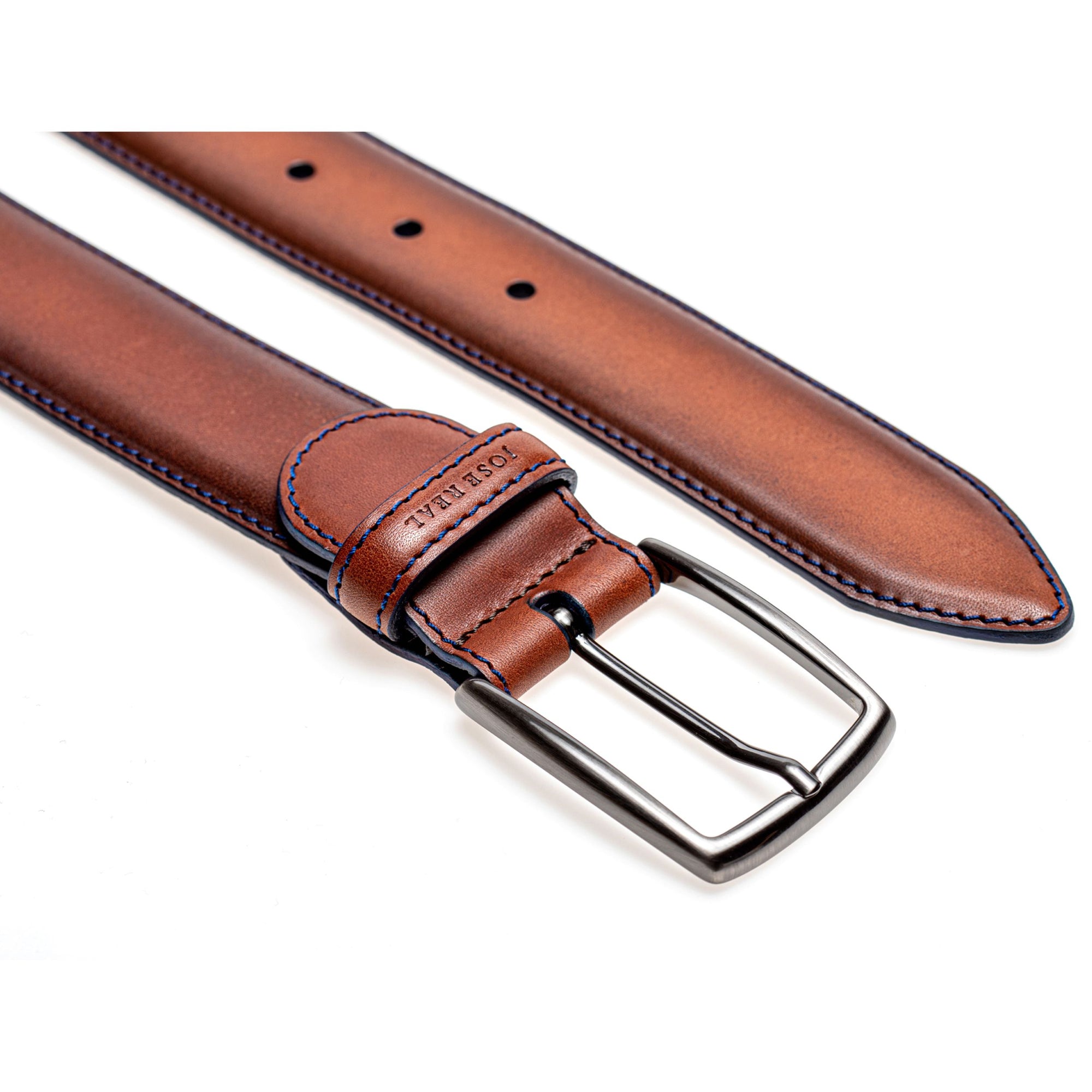 Hand Painted Calfskin Belt in Brown with Blue Contrast Stitching by Jose Real