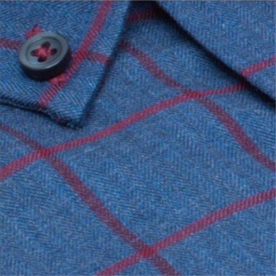 Blue and Red Herringbone Check No-Iron Cotton Sport Shirt with Button Down Collar by Leo Chevalier