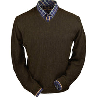 Baby Alpaca 'Links Stitch' V-Neck Sweater in Leaf Moss Heather by Peru Unlimited