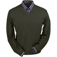Baby Alpaca 'Links Stitch' V-Neck Sweater in Pine Olive Heather by Peru Unlimited