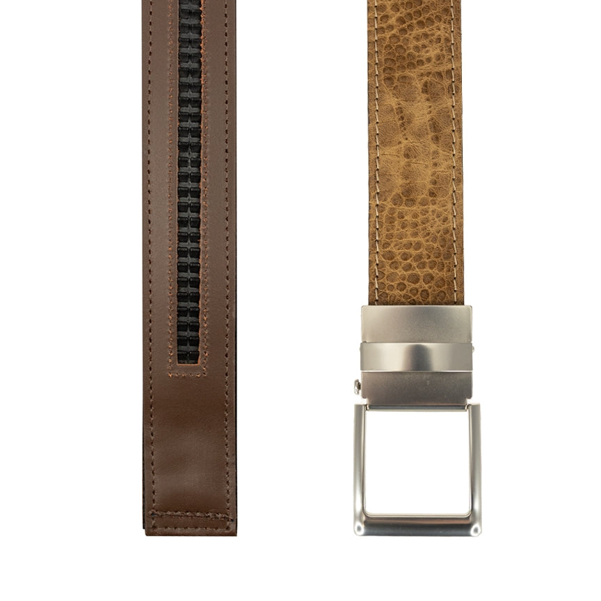 Player One-Size Micro Adjustable Croco Embossed Leather Belt in Khaki by T.B. Phelps
