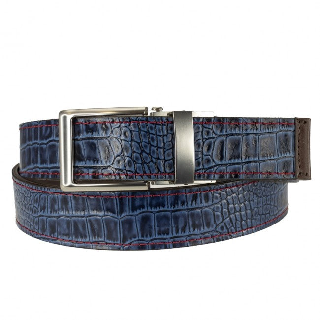 Player One-Size Micro Adjustable Croco Embossed Leather Belt in Navy by T.B. Phelps