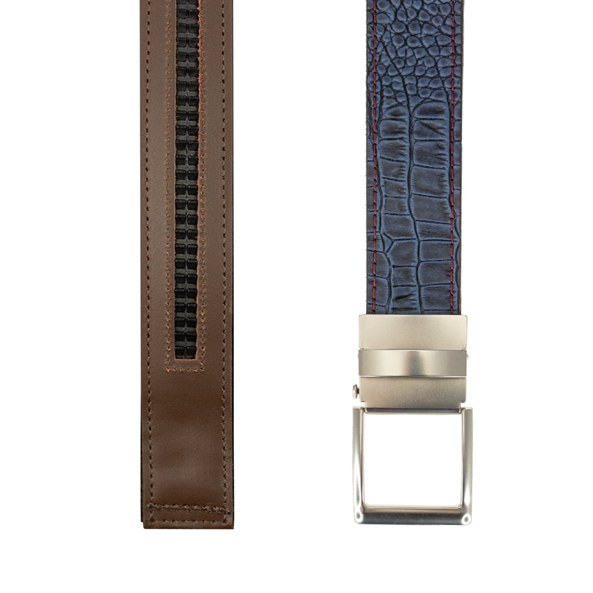 Player One-Size Micro Adjustable Croco Embossed Leather Belt in Navy by T.B. Phelps