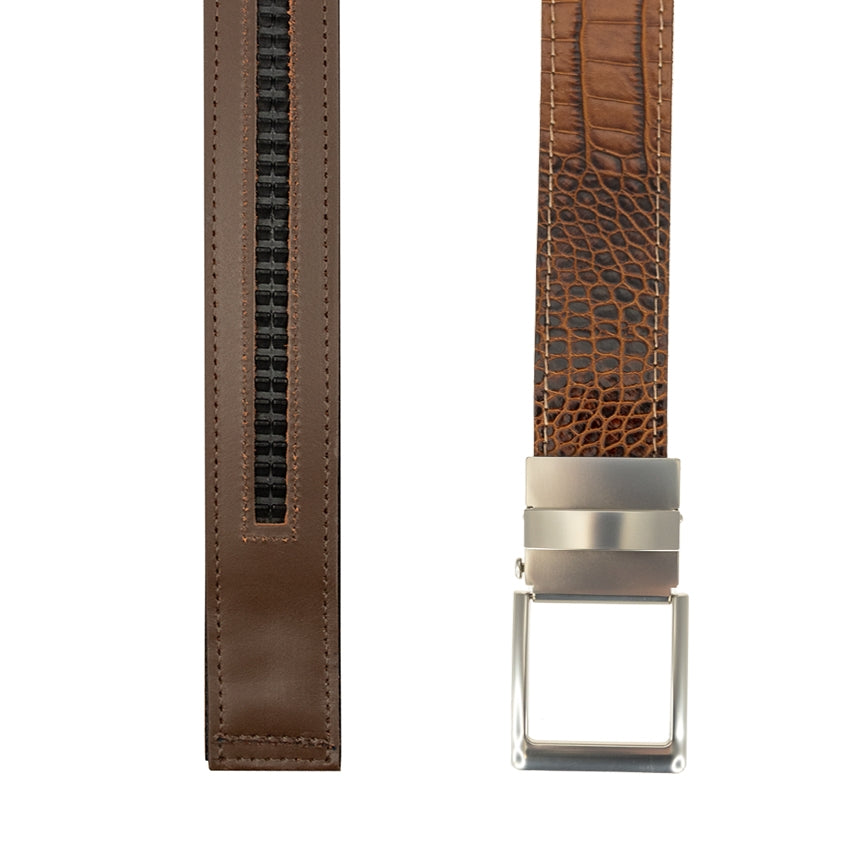 Player One-Size Micro Adjustable Croco Embossed Leather Belt in Sport Rust by T.B. Phelps