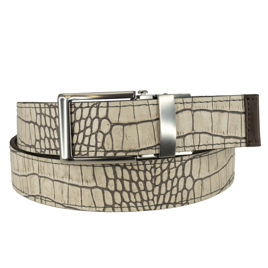 Player One-Size Micro Adjustable Croco Embossed Leather Belt in Stone by T.B. Phelps