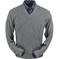 Baby Alpaca 'Links Stitch' V-Neck Sweater in Sky Grey Heather by Peru Unlimited