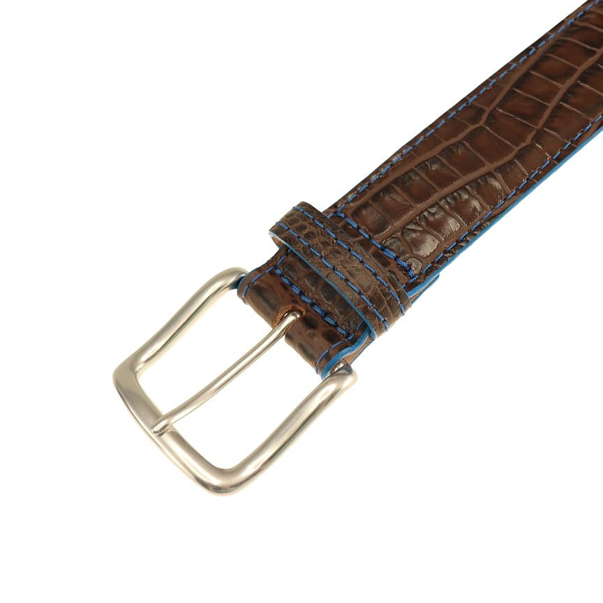 Travis Croco Grain Leather Belt in Briar with Denim Contrast Stitching by T.B. Phelps